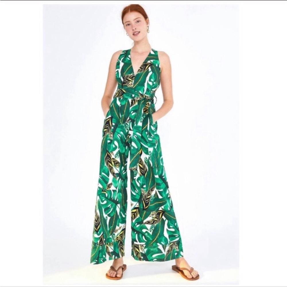 FARM Rio “Amazonia” Green Tropical Leaf Halter Jumpsuit